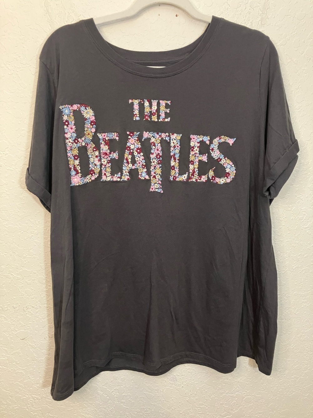 Hybrid Apparel Asphalt Tee with Floral 'The Beatles' Embroidery Logo